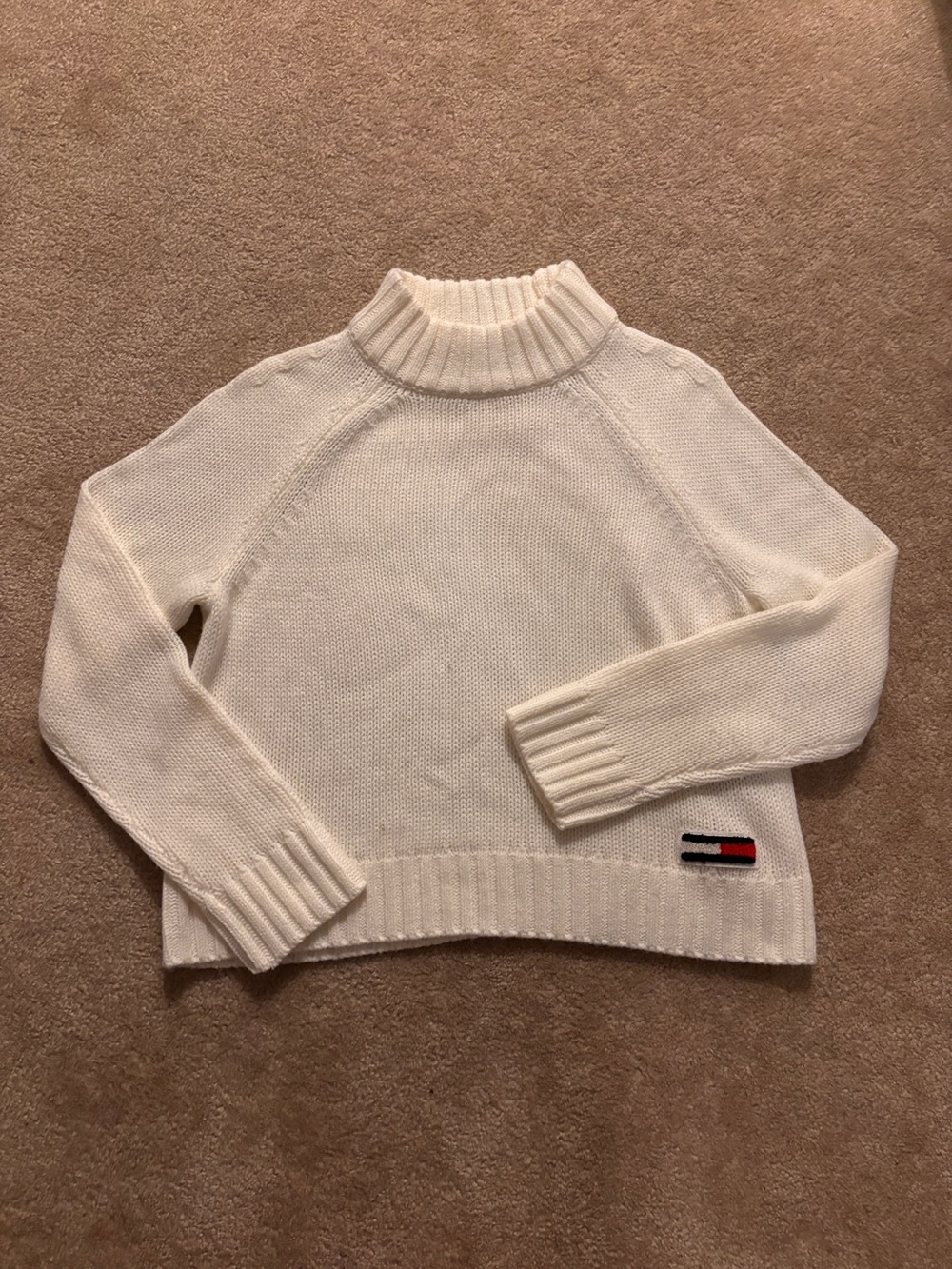Tommy Hilfiger Cream Turtleneck Pullover  Sweater with Logo Detail
